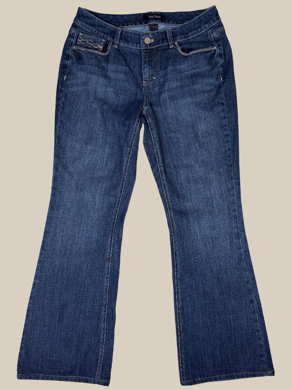 White House Black Market Flare Jeans Dark Wash Embroidered Flap Pockets Contour
